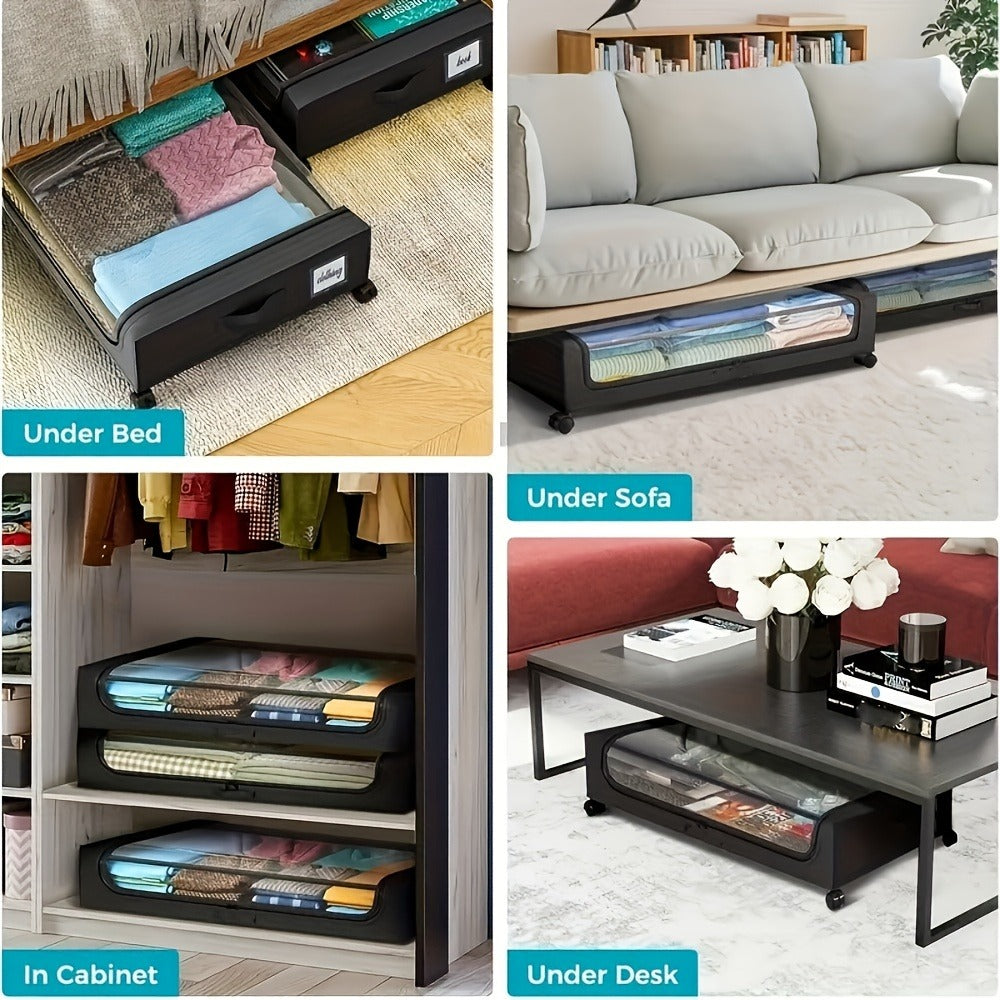 Rolling Fabric Under-Bed Storage Bins with Clear Zip Covers, Label Windows and Black or Gray Sets