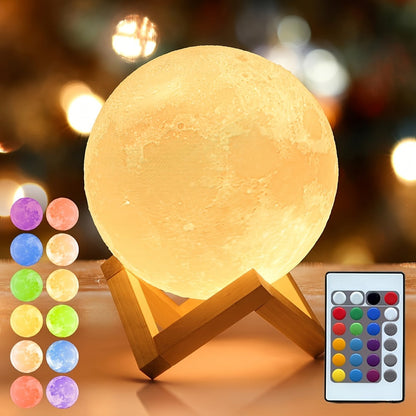 15cm Lunar Globe LED Night Light with Wood Stand, USB Rechargeable Power, Remote and 16 Colors