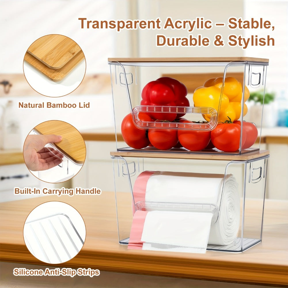 Clear Stackable Trash Bag Roll Dispenser with Bamboo Lid and One-, Two- or Four-Pack Options