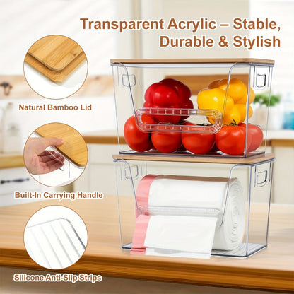 Clear Stackable Trash Bag Roll Dispenser with Bamboo Lid and One-, Two- or Four-Pack Options