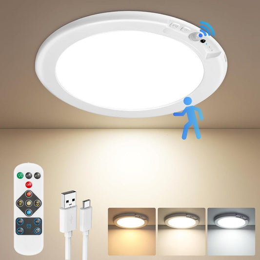 Motion Sensor Ceiling Light Rechargeable with Remote – 3-Color Dimmable Wireless LED Overhead Light, No Wiring, Battery Operated for Closet, Shower, Pantry, Shed & Hallway (Round & Square, 1 or 2 Pack)