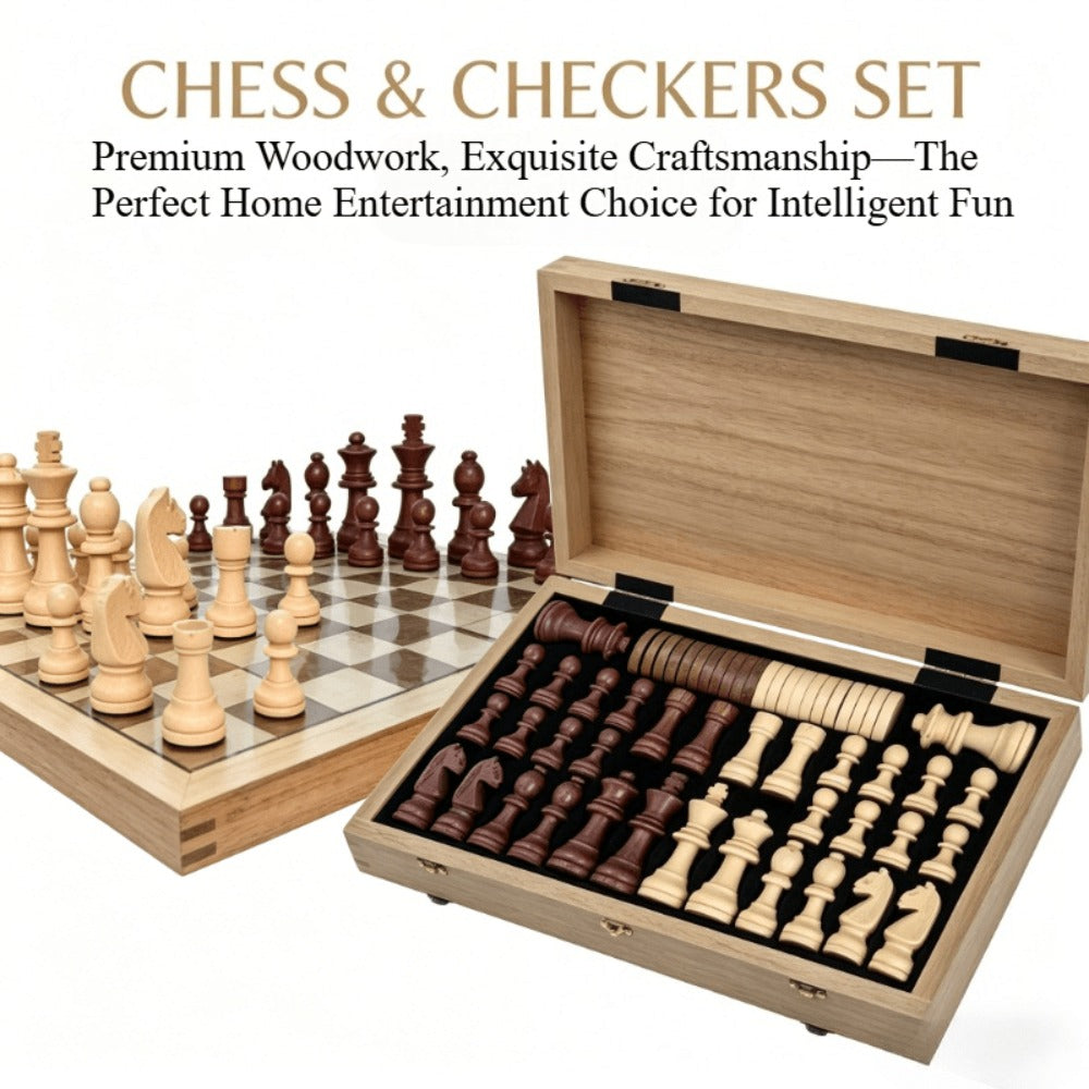 Folding Wooden-Style Chess and Checkers Set with 33 Chess Pieces and Internal Storage for Adult Tabletop Play
