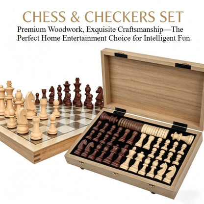 Folding Wooden-Style Chess and Checkers Set with 33 Chess Pieces and Internal Storage for Adult Tabletop Play