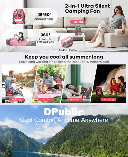 Camping Fan Rechargeable 20000mAh with Misting Solar Panel RGB Mood Light 4-Speed Tent Hook Phone Charging Portable Outdoor Fan