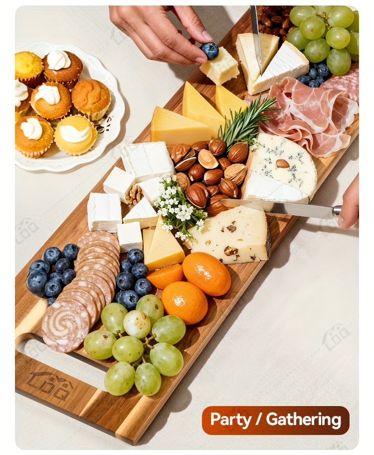 Extra-Long 36 x 11-Inch Wood-Color Charcuterie Board with Recessed Handles and Two Display Stands