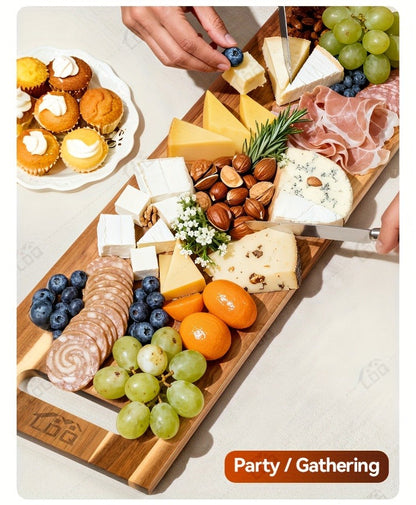 Extra-Long 36 x 11-Inch Wood-Color Charcuterie Board with Recessed Handles and Two Display Stands