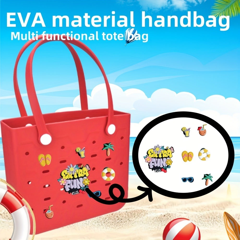 EVA Beach Bag for Women with Drainage Holes Waterproof Tote Bag Summer Outdoor Camping Shopping Travel Bag with Cute Decorations Multiple Colors S M L