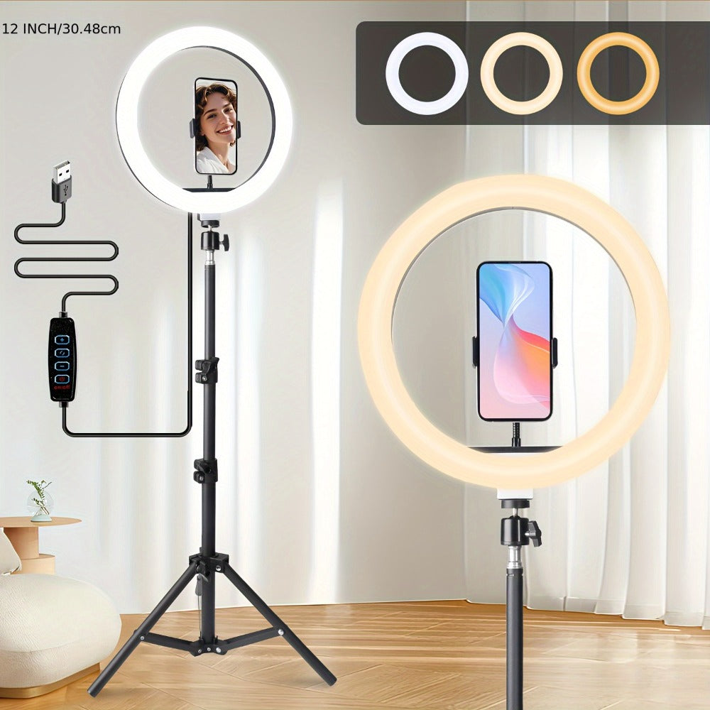 10- or 12-Inch USB Ring Light with Retractable Floor Tripod, Center Phone Holder and Lighting Options