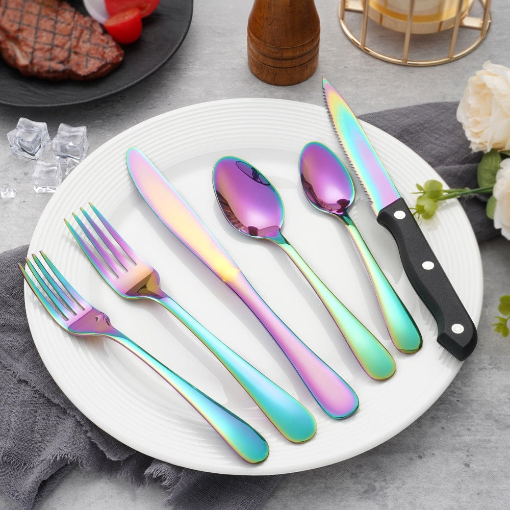 24-Piece Rainbow Flatware Set with Four Black-Handle Steak Knives and Six Four-Piece Utensil Groups