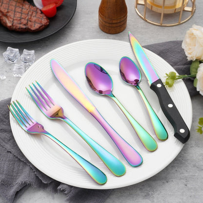 24-Piece Rainbow Flatware Set with Four Black-Handle Steak Knives and Six Four-Piece Utensil Groups