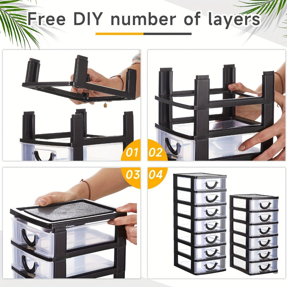 Seven-Drawer Desktop Organizer in Black or White, One- or Two-Piece Set with Clear Front Drawers