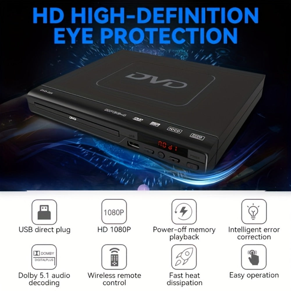 Compact Black DVD Player with USB Port, AV Output, Remote Control, RCA Cable and US Plug for Home TV