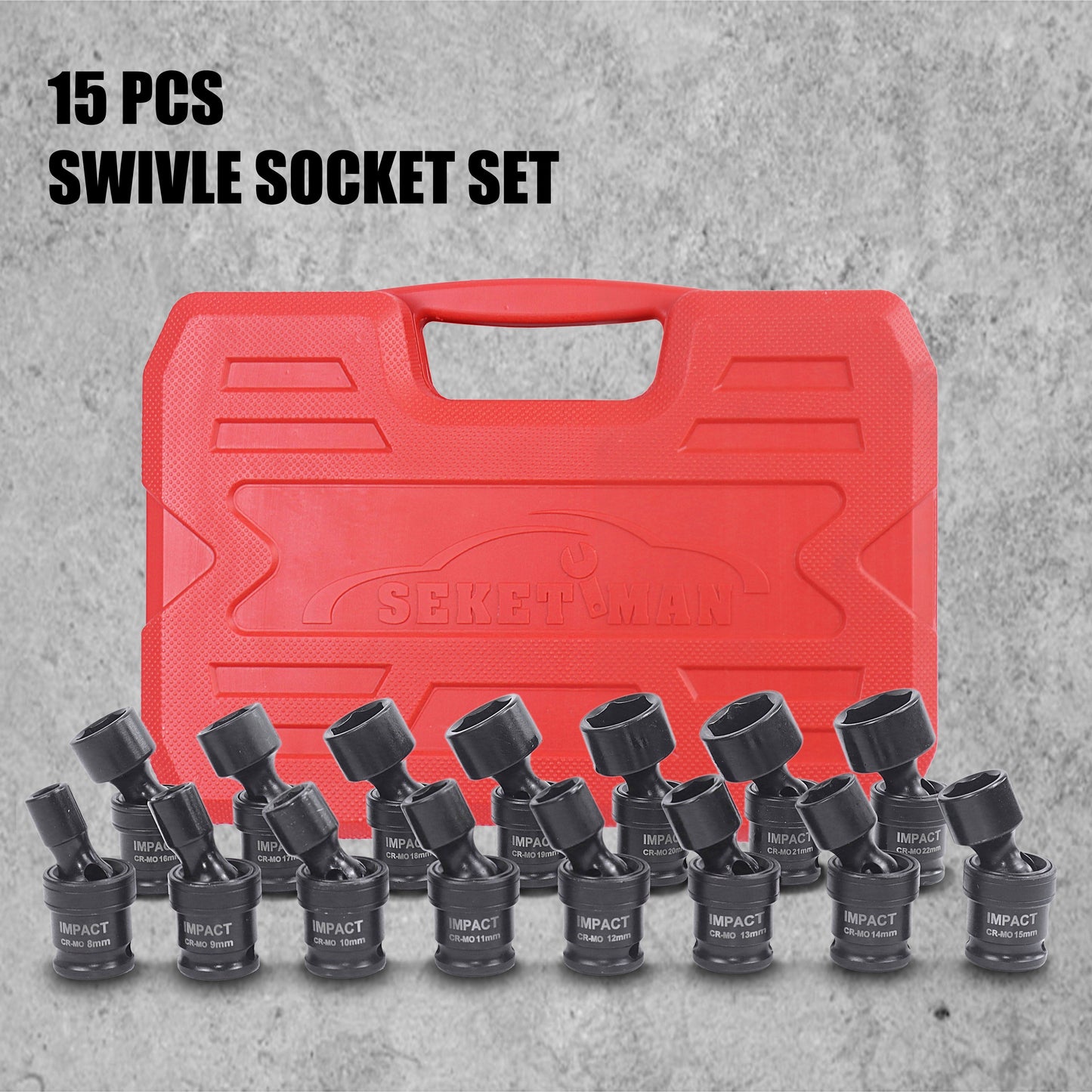 Impact Socket Set 3/8" Drive, 15-Piece Swivel Impact Universal Socket Set & 17+1 Piece Accessory Set, 8mm-22mm Cr-Mo Steel with Black Phosphate Finish, Professional Tool Kit for Home & Auto Repair