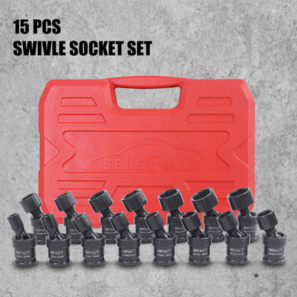 Impact Socket Set 3/8" Drive, 15-Piece Swivel Impact Universal Socket Set & 17+1 Piece Accessory Set, 8mm-22mm Cr-Mo Steel with Black Phosphate Finish, Professional Tool Kit for Home & Auto Repair