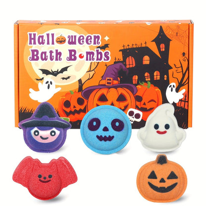 Bath Bombs, 5-Piece Halloween Gift Set with Pumpkin, Bat, Skull, Hat and Cat Shapes in Individual Wrappers