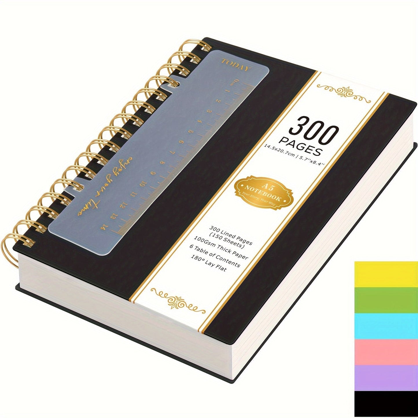 A5 Hardcover Spiral Notebook with 300 Lined Pages, 100 GSM Paper and Six Color Cover Options