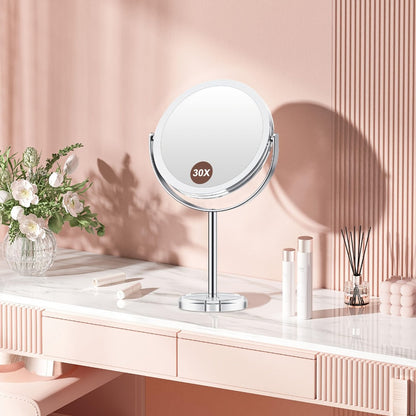 Makeup Mirror Dual-Sided 1X and 30X Round Chrome-Finish Stand with 360° Rotation and Detachable Frame