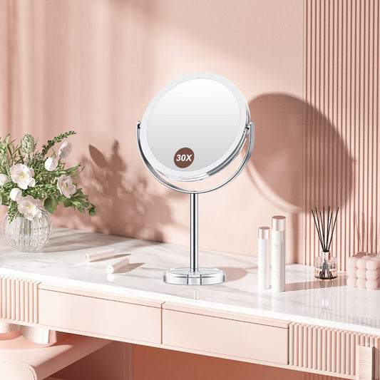 Makeup Mirror Dual-Sided 1X and 30X Round Chrome-Finish Stand with 360° Rotation and Detachable Frame
