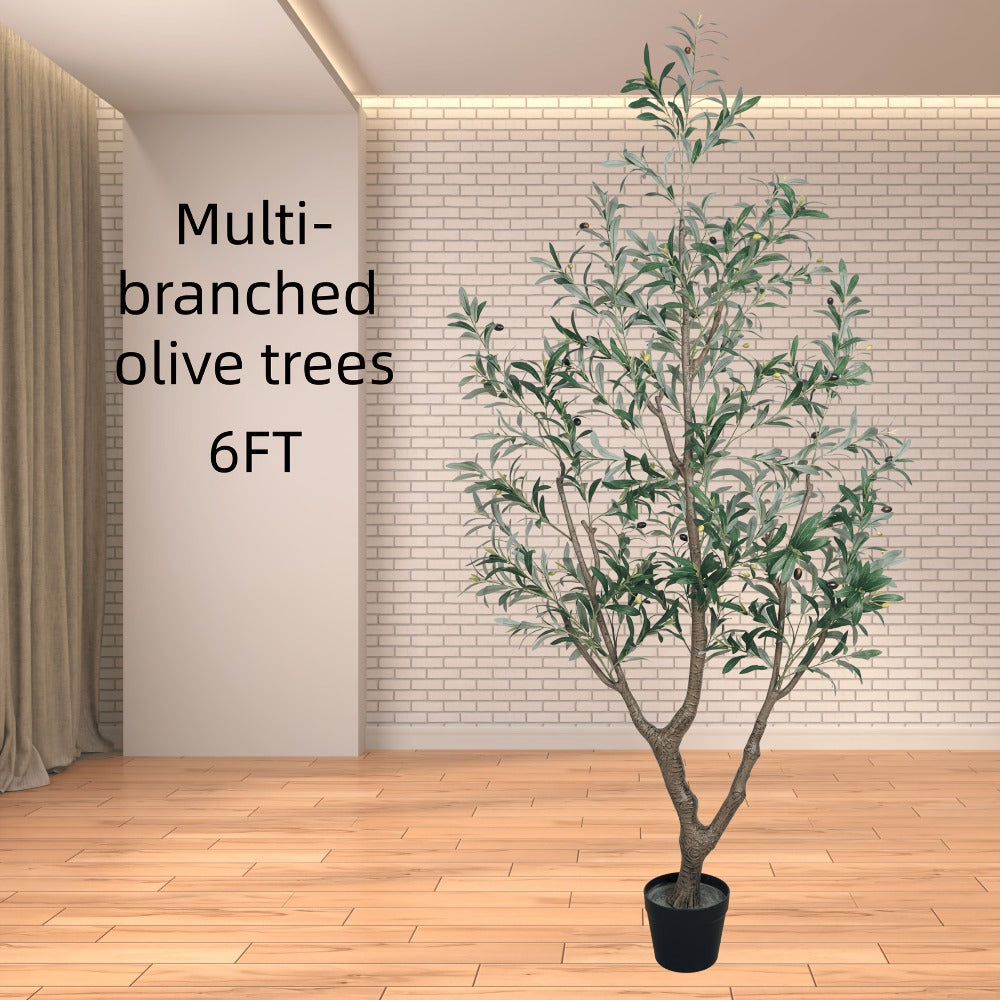 Multi-Branched Artificial Olive Tree with 5.25, 6 or 7 ft Height Options, Decorative Fruit and Black Nursery Pot