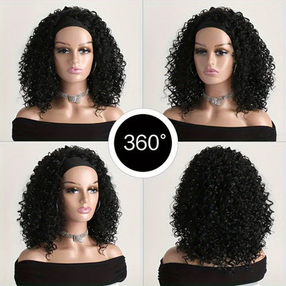 Black Curly Headband Wig in 12, 16 or 22 Inch Protected Length Options with Elastic Cap and Combs