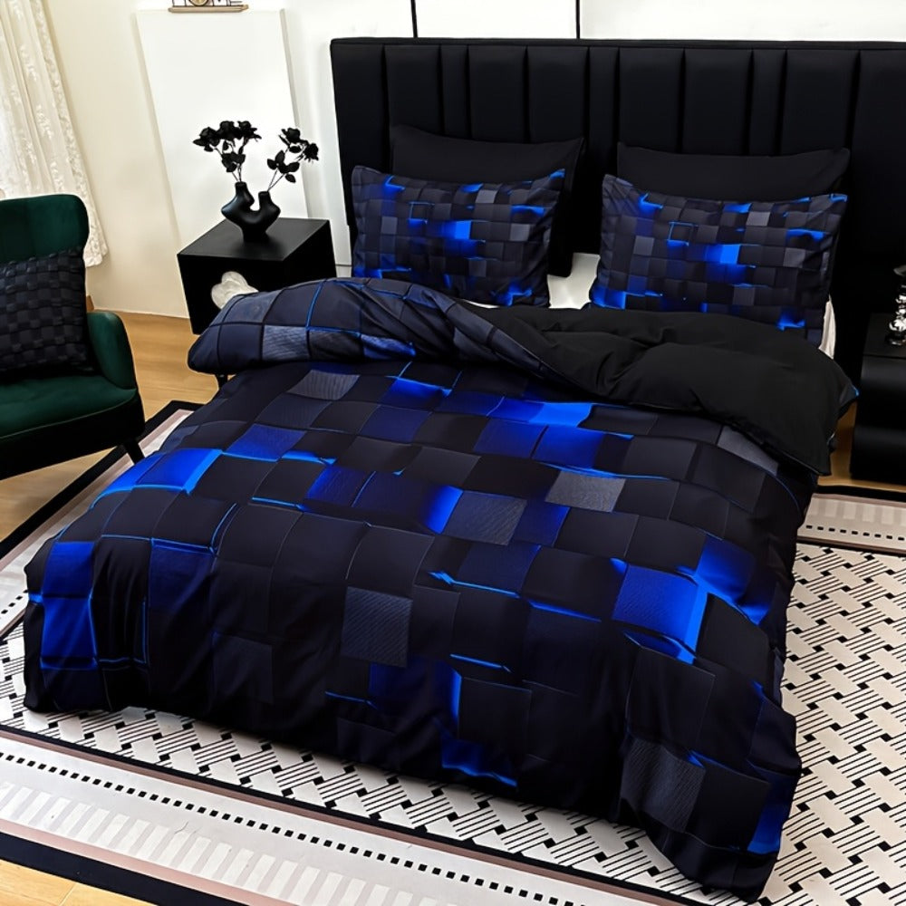 Three-Piece Plaid Duvet Cover Set with Two Pillowcases in Five Colors and Four Bed Sizes for Home and Everyday Use