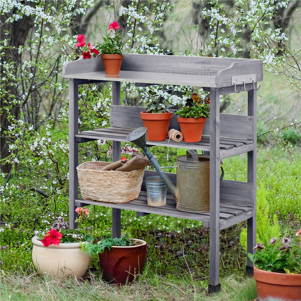 Rolling Potting Bench 3-Tier Wooden Garden Workstation Waist-High Galvanized Metal Top Lockable Casters Side Hooks Shelves for Outdoor Patio Gardening Storage