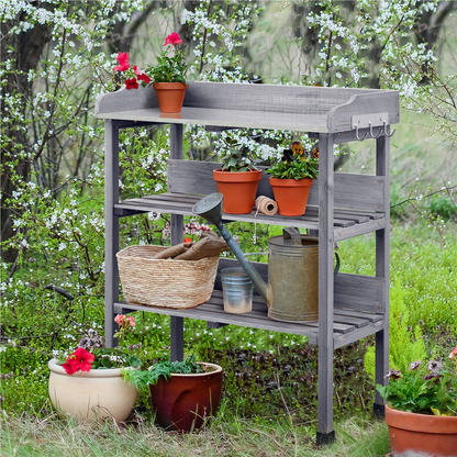 Rolling Potting Bench 3-Tier Wooden Garden Workstation Waist-High Galvanized Metal Top Lockable Casters Side Hooks Shelves for Outdoor Patio Gardening Storage