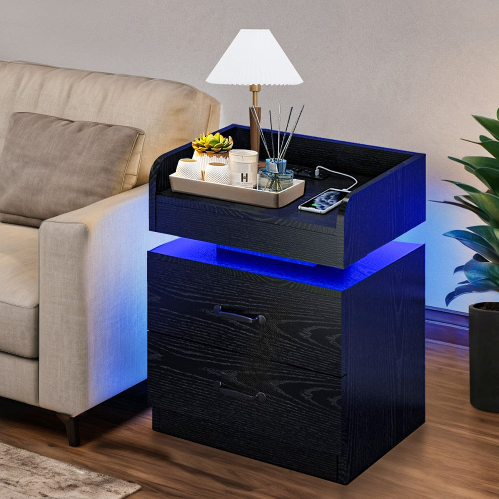 Small Nightstand with USB Charging Station & LED Lights, Compact Bedside Table with Drawer, Under 27 Inch Floor Mount