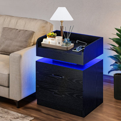 Small Nightstand with USB Charging Station & LED Lights, Compact Bedside Table with Drawer, Under 27 Inch Floor Mount