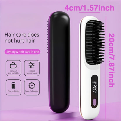 Cordless Straightening Brush Hair Styling Tool with Rechargeable Power and Black or White Finish