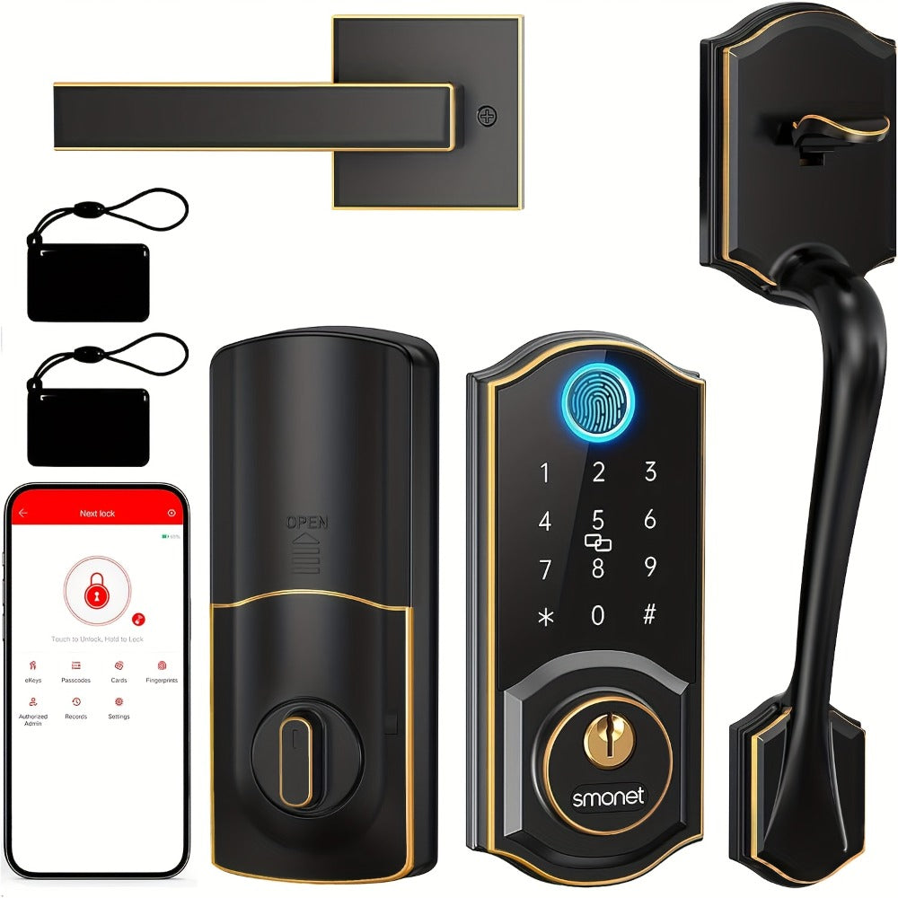 Smart Door Lock SMONET Fingerprint Keypad Bluetooth Deadbolt Handle Set in Bronze Black or Silver