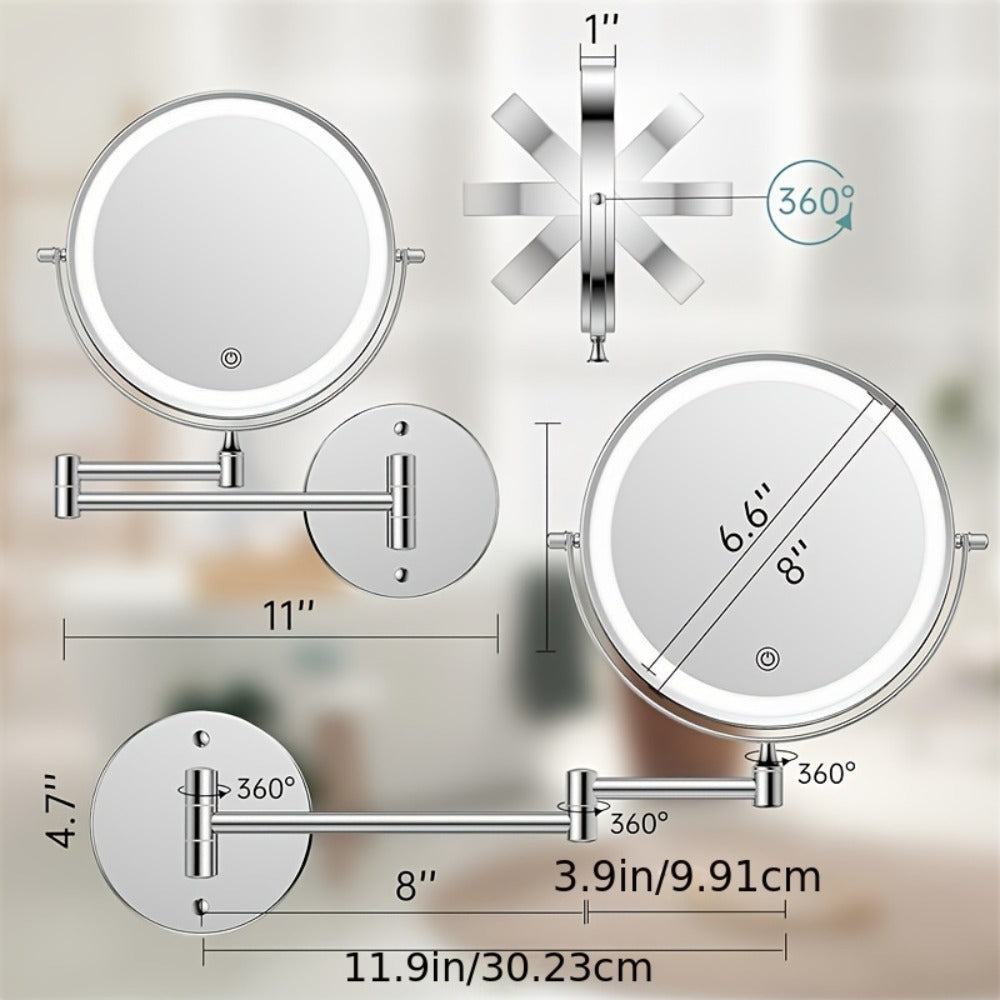 Makeup Mirror Wall-Mounted 8-Inch Dual-Sided 1X and 10X with Three Light Colors, Touch Dimming and USB Charging