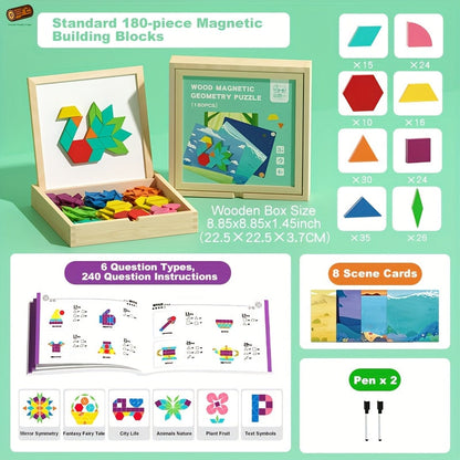 Magnetic Wooden Puzzle Blocks 128 180 220 Piece Set, Geometric Figures Cognitive Learning STEM Toy for Kids