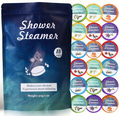 Eighteen Individually Wrapped Shower Steamers with Six Fragrance Labels and 30 g Tablet Packaging