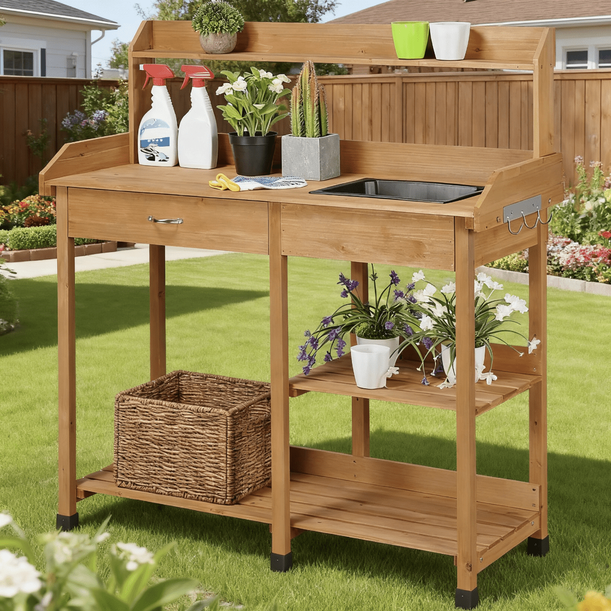 Four-Tier Garden Potting Bench with Removable Sink, Drawer, Adjustable Shelf and Three Side Hooks