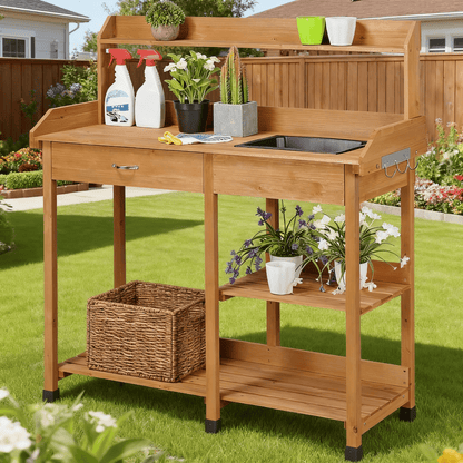 Four-Tier Garden Potting Bench with Removable Sink, Drawer, Adjustable Shelf and Three Side Hooks