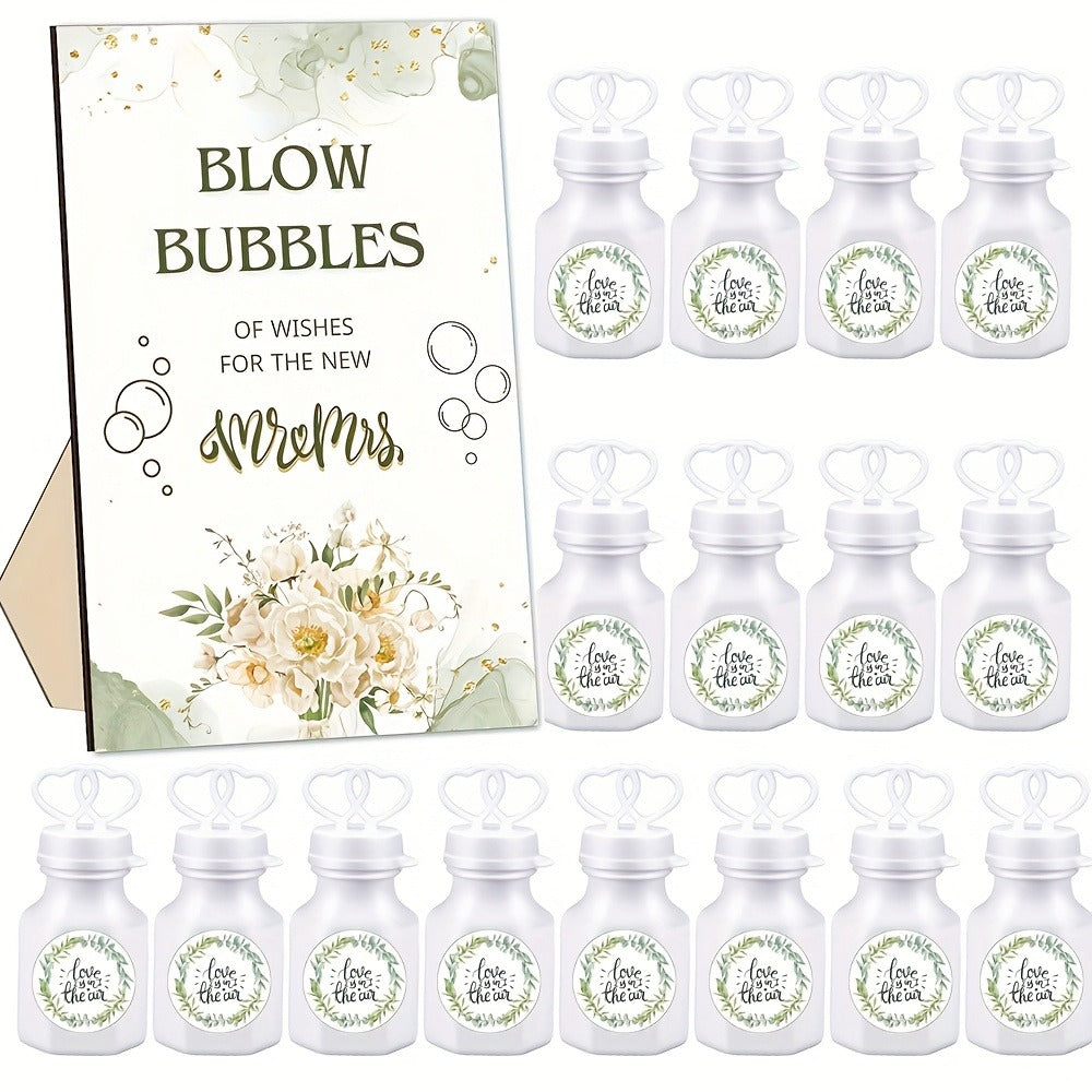 Party Favors Empty Mini Bubble Bottles, 50-Piece Set with Wooden Sign and 50 Matching Stickers