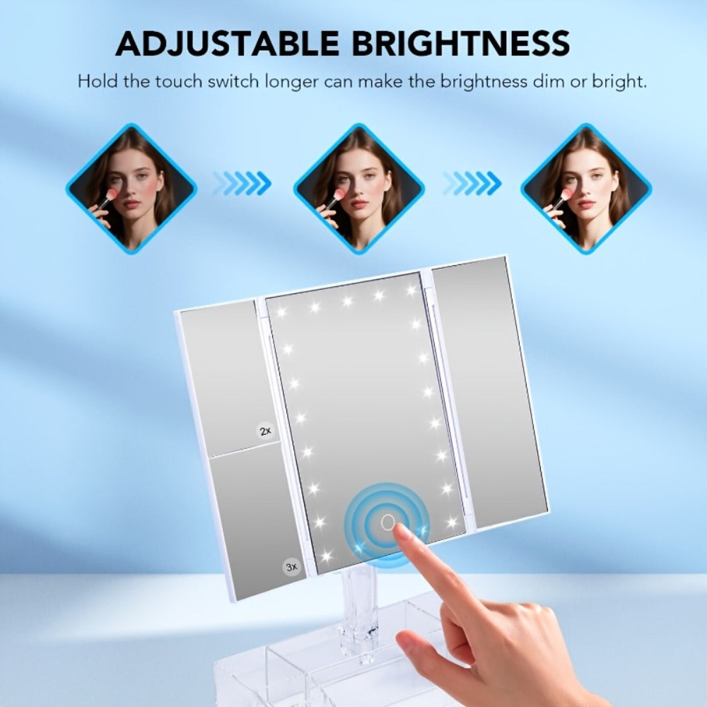 Makeup Mirror Tri-Fold Vanity with 24 LEDs, 1X 2X and 3X Panels, Touch Dimming, Storage Base and Dual Power
