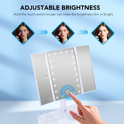 Makeup Mirror Tri-Fold Vanity with 24 LEDs, 1X 2X and 3X Panels, Touch Dimming, Storage Base and Dual Power