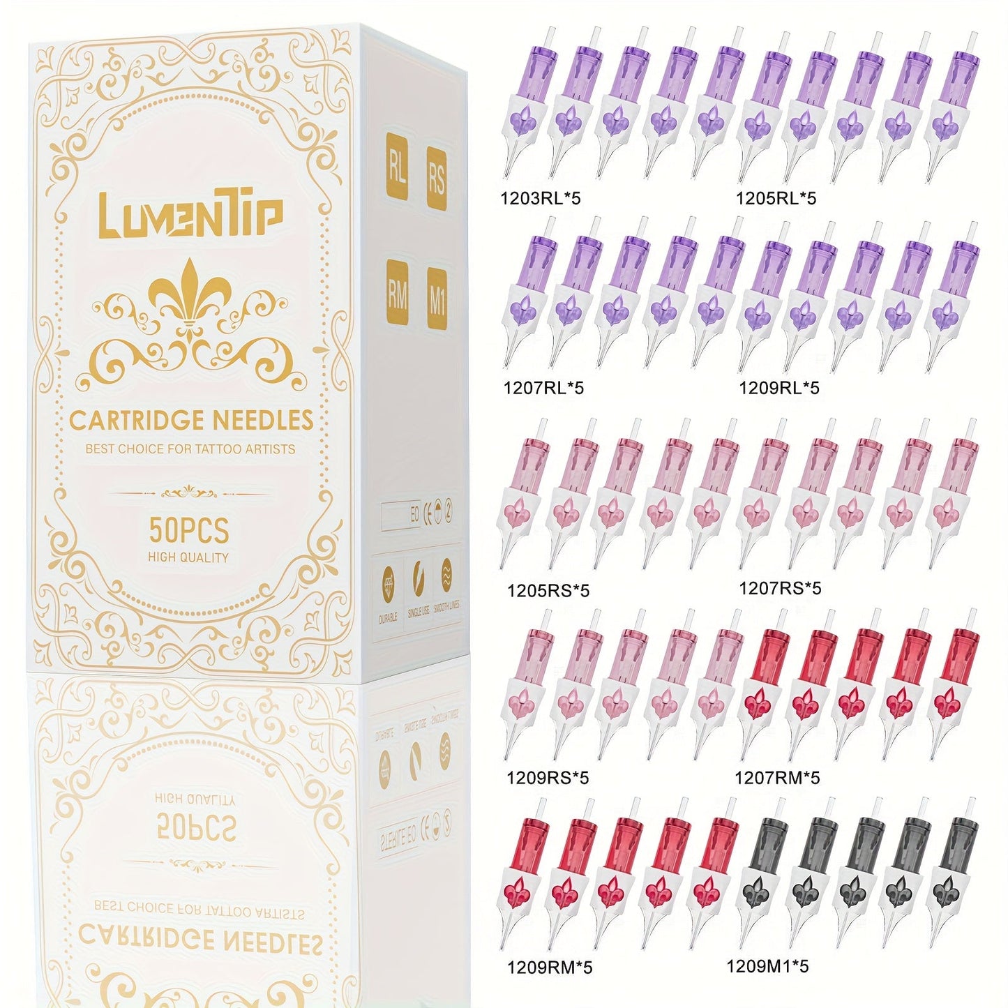 Tattoo Cartridge Needles with LumenTip Label, 20 or 50-Piece #12 RL RS RM M1 Cartridge Pack Choices
