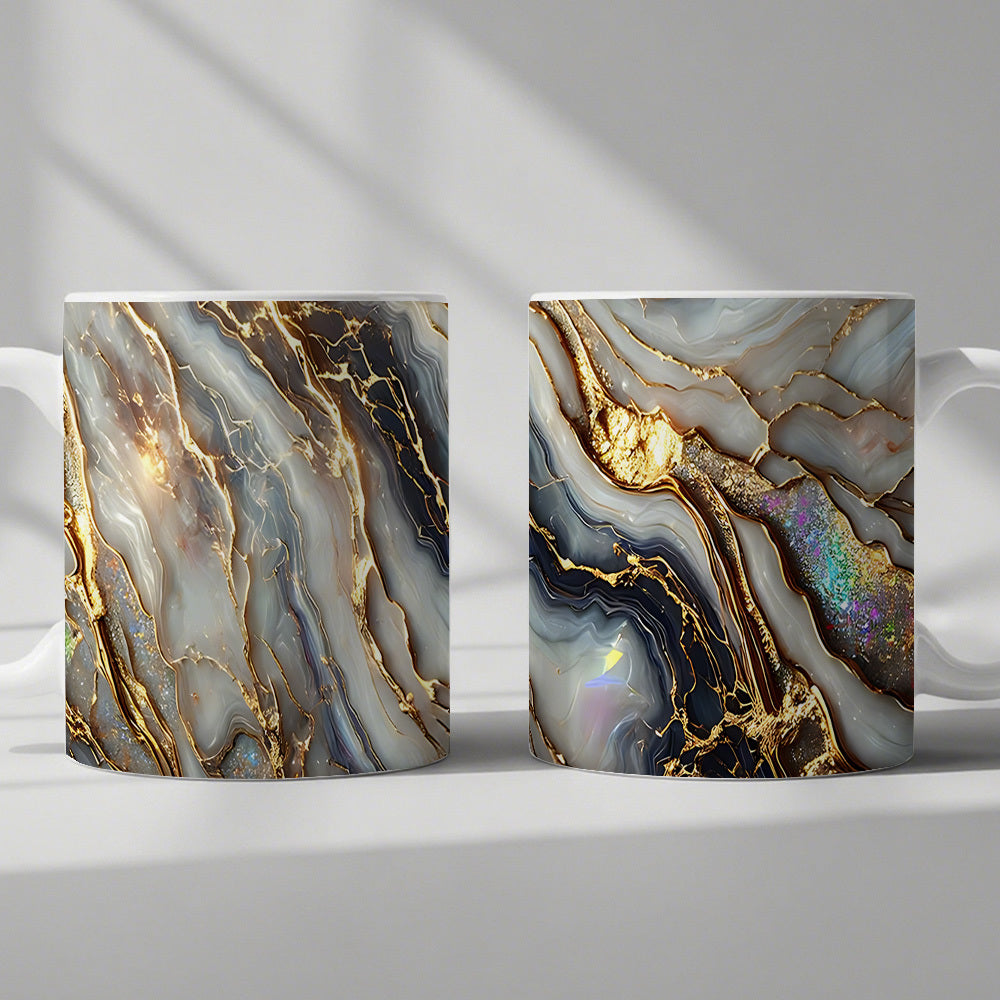 11oz Ceramic Coffee Mug with Agate Vein Print, Black Interior and Black, White or Pink Handle Options