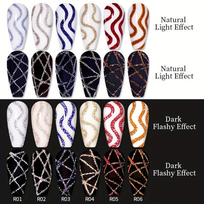 Gel Nail Polish Nine-Piece Reflective Glitter Line Set, 5ml Each for Stripes and Graffiti Nail Art