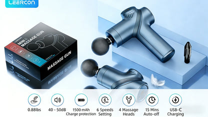 Compact Massage Gun with Six Speed Settings, Four or Eight Interchangeable Heads and Blue or Black Finish Options