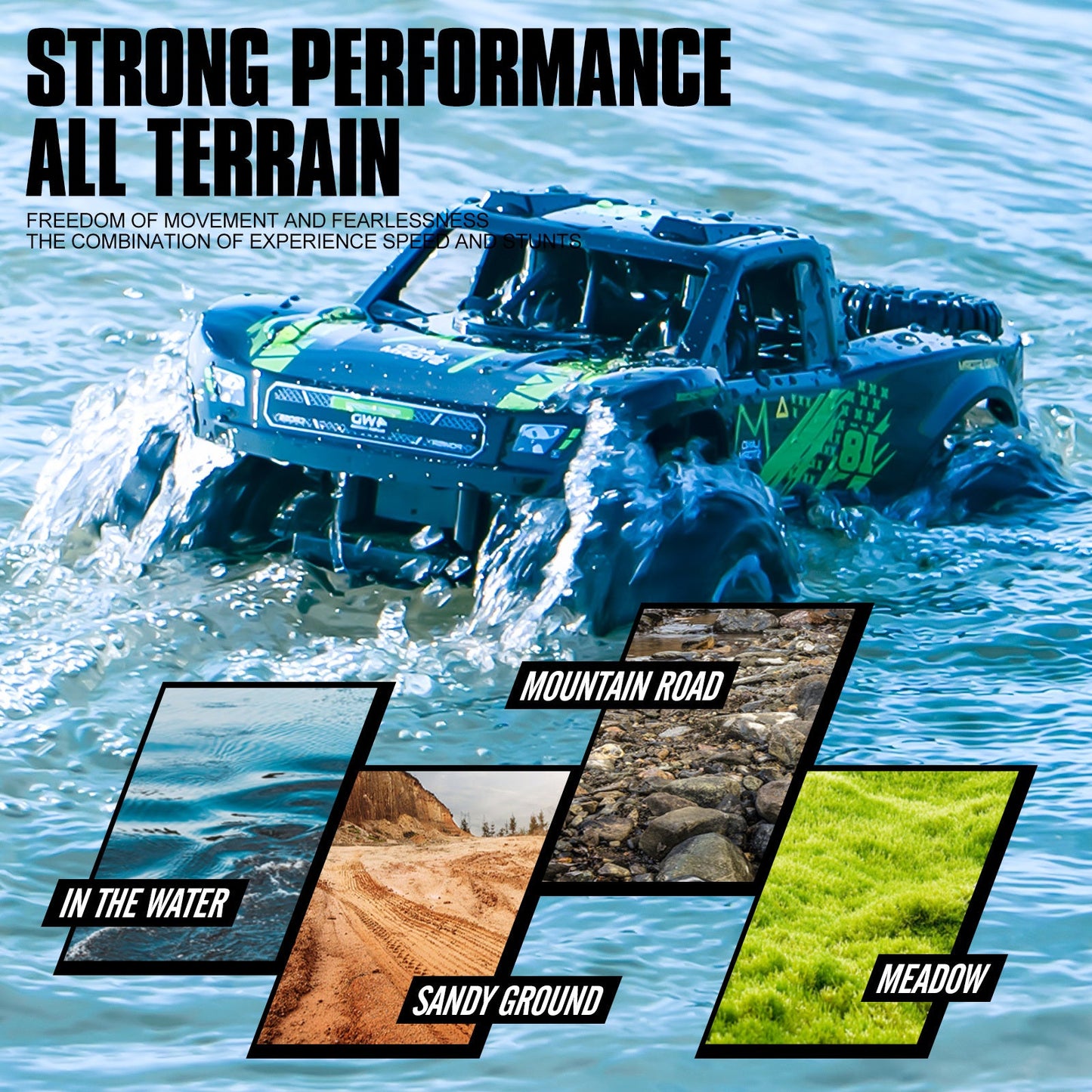 RC Monster Truck or Pickup 1:16 Scale in Five Body and Color Styles with 4WD Layout and Two Rechargeable Batteries