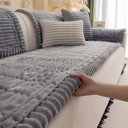 Wavy-Edge Plush Sofa Cushion Cover in Four Colors with Single-, Two-, Three- or Four-Seat Sizes