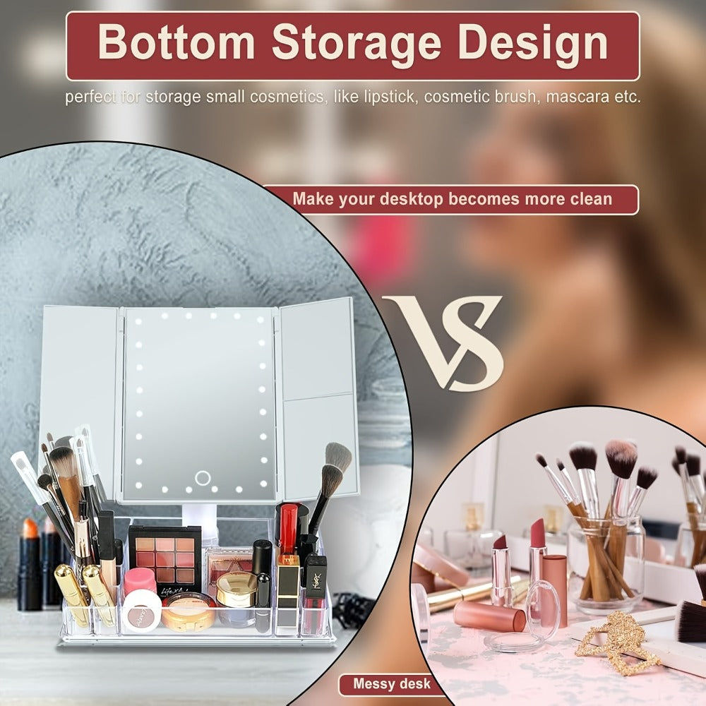 Makeup Mirror Tri-Fold Vanity with 24 LEDs, 1X 2X and 3X Panels, Touch Dimming, Storage Base and Dual Power