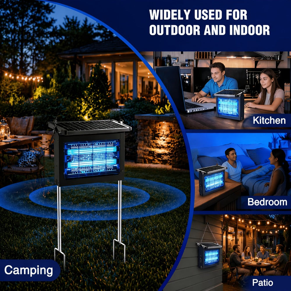 Solar Bug Zapper Pest Control Device with Adjustable Panel, Ground Stake, Wall Mount and USB-C Charging