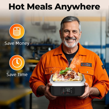 Wireless Heated Lunch Box 8000mAh Battery Powered - 60W Electric Food Warmer 1L Stainless Steel with Smart Timer 8 Settings and Power Bank Function, Portable Lunch Heater for Office Car Truck and Travel, BPA-Free with Fork Spoon and Insulated Bag