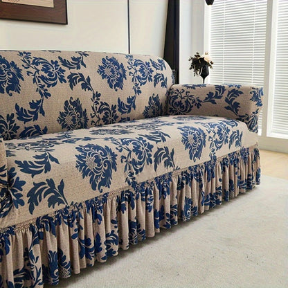 Sofa Slipcover, Dark Blue Stretch Cover with Ruffle Skirt, Fixed Rod and One-to-Four-Seat Options