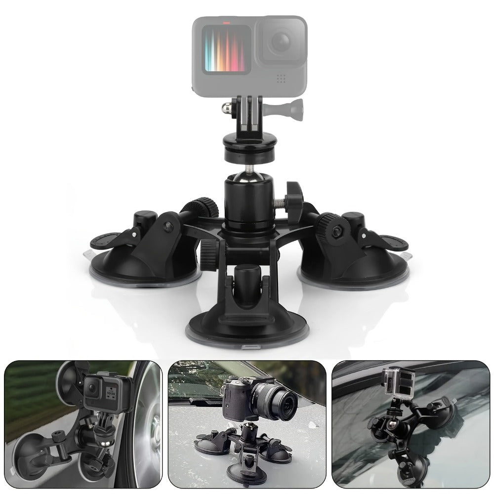 Three-Base Suction Cup Camera Mount with 360-Degree Ball Head and Quick-Release Holder for Camera Setups